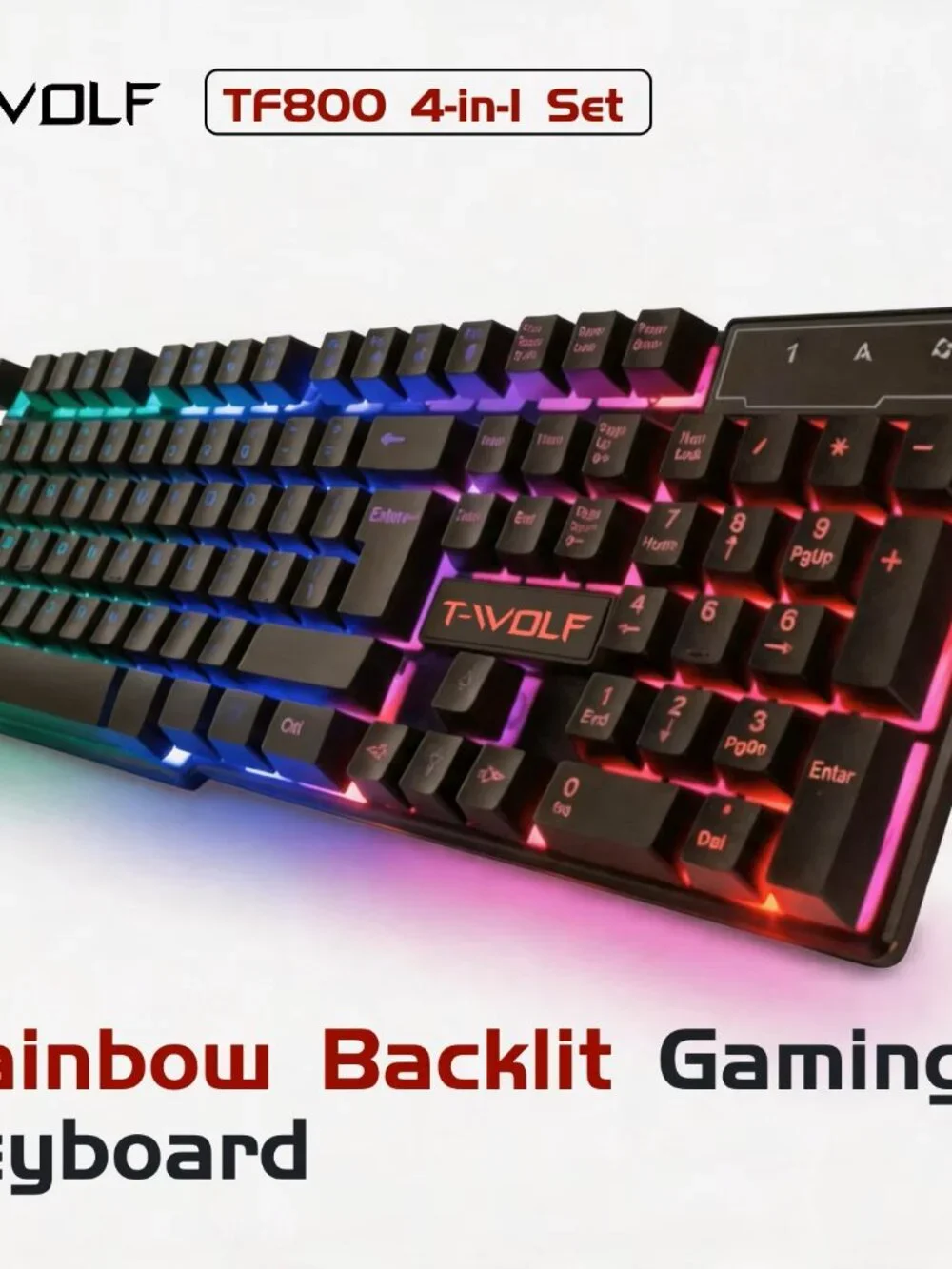 T-WOLF RGB Gaming Keyboard Mouse Headset Mousepad 4 in 1 Combo Wired Feel LED